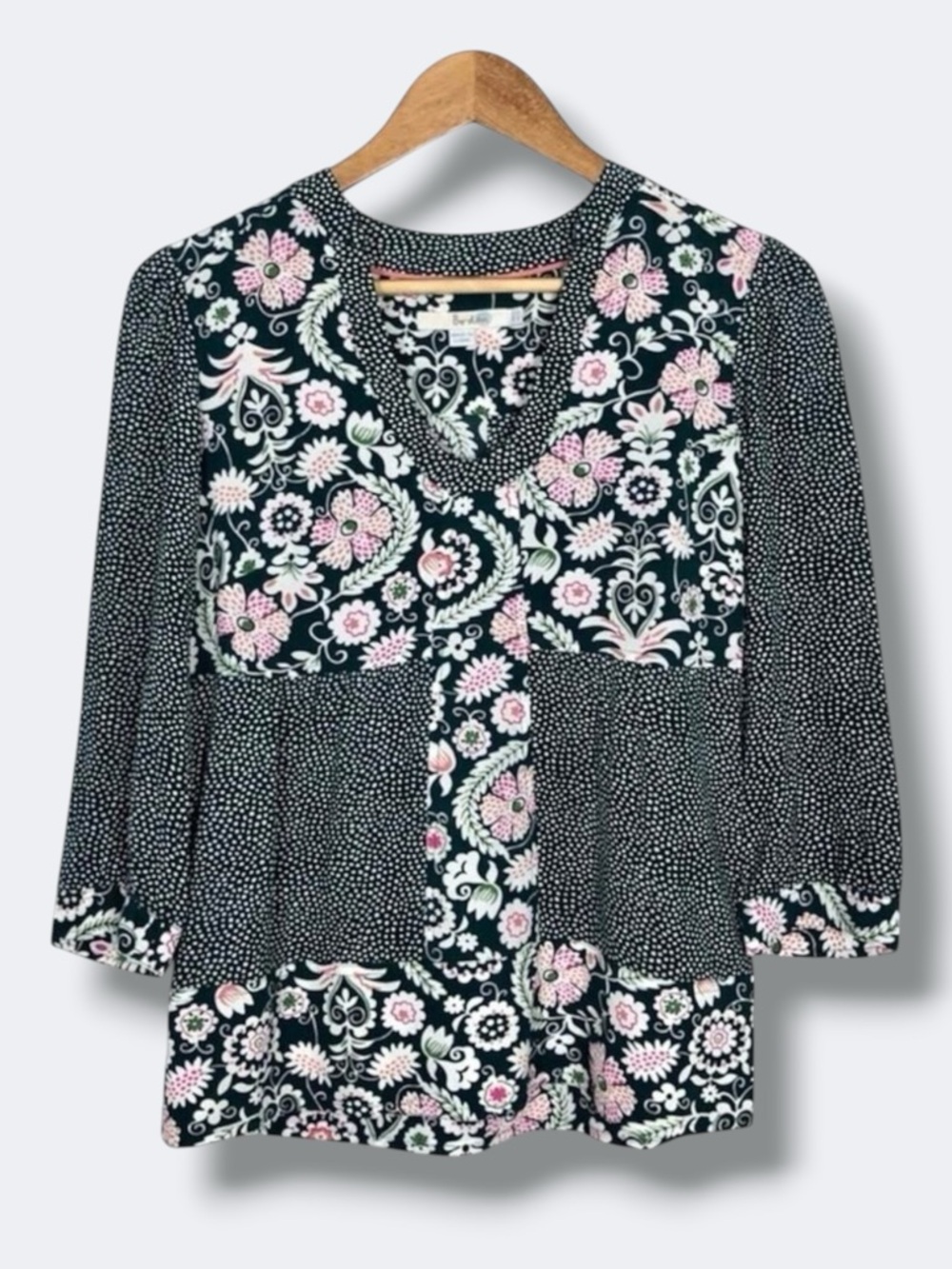 Boden Mollie Top Womens US 2 Green Floral Polka Dot V Neck 3/4 Sleeve Blouse